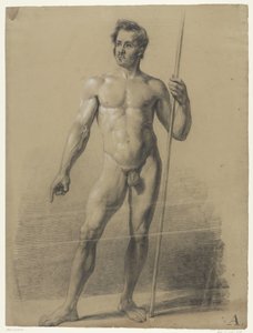 Nu masculino em pé com bastão, de frente