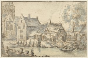 Paisagem de Cityscape com uma grande igreja de Anonymous