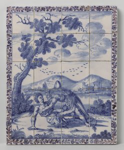 Painel de azulejos com paisagem azul com cena mitológica: Hércules e Aqueloo de Anonymous