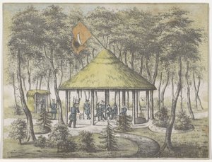 Templo e jardim em Boekel, 1831 Vista do Templo e Jardim em Boekel. Erguido e construído pela milícia de serviço da cidade de Groningen. Em reconhecimento da acolhida amistosa em 23 de junho de 1831, aos Membros da Sociedade como lembrança de Anonymous
