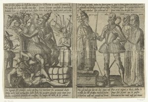 Enquanto Alva faz amor com a prostituta da Babilônia, a economia do país entra em declínio / Margarida de Parma, Granvelle e o Papa apoiam a missão de Alva, c. 1567-1572 Missão de Alva na Holanda e as consequências de sua tirania (cópias), 1572 (série de Anonymous