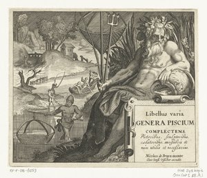 Impressão de título com título e deus do rio com tridente e rede de pesca na paisagem com pescadores
Libelivs varia Genera piscium complectens (título da série)
Peixes de água doce, peixes de mar, sapos, crustáceos e criaturas do mar (título da série) de Anonymous