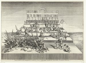 Drama sobre guerra e paz; entrada de Fernão em Gand em 1635 (nº 42)
Talia secla, suis dixerunt, currite, fusis concordi estabiles factorum numine parcae (título sobre o objecto)
Theatrum Genethliacon Caroli V de Anonymous