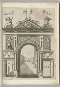 Porta triunfal com figuras alegóricas e putti segurando a cadeia da Ordem do Velo de Ouro, 1594 de Anonymous