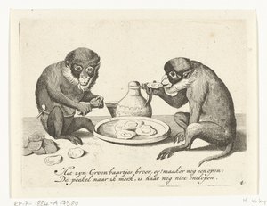 Dois macacos a comer ostras
Vários actos de vida humana apresentados por macacos (título da série)
O que é 