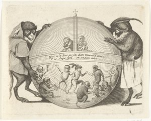 Dois macacos segurando um globo Várias empresas da vida humana apresentadas por macacos (título da série) O que é que me vê neste mundo? / É jogo Aape, e não de outra forma (título da série no objeto) de Anonymous