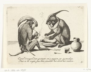 Dois macacos fumando um cachimbo Várias empresas da vida humana apresentadas por macacos (título da série) O que é que me vê neste mundo? / É jogo Aape, e não de outra forma (título da série) de Anonymous