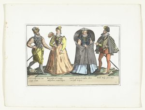 Dois homens e duas mulheres vestidos de acordo com a moda na Holanda, c. 1580 Costumes civils des Pays-Bas (título do objeto) de Anonymous