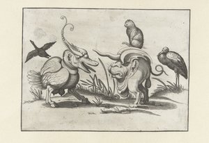 Dois monstros com gato, ganso e cegonha. Figuras grotescas cercadas por uma linha de enquadramento (título da série) de Anonymous