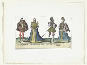 Duas mulheres e dois homens vestidos de acordo com a moda na Renânia do Norte-Vestefália e Flandres, c. 1580
Fantasias Bas-Allemands et Flamands (título sobre o objecto) de Anonymous