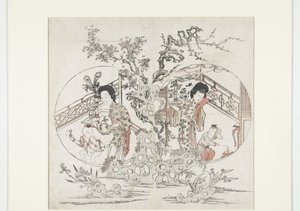 Estampa composta por duas partes, representando: à esquerda o verão com íris e malus e à direita o inverno com narcisos e prunus (gravura de Ano Novo) de Anonymous