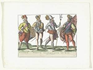 Quatro soldados espanhóis de uniforme, c. 1580 Trajes militares Espagnols (título no objeto) de Anonymous