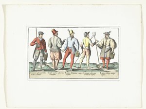 Quatro camponeses vestidos de acordo com a moda actual e um depois da moda antiga, c. 1580
Modos de rustiques (título sobre o objecto) de Anonymous