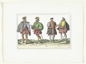 Quatro homens vestidos de acordo com a moda alemã, c. 1580
Fantasias Allemands (título sobre o objecto) de Anonymous