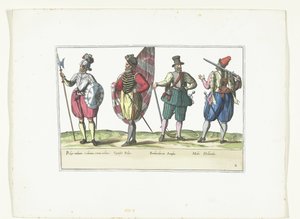 Quatro soldados de uniforme de acordo com a moda nos Países Baixos e Inglaterra, c. 1580
Costumes militaires des Pays-Bas (título sobre o objecto) de Anonymous