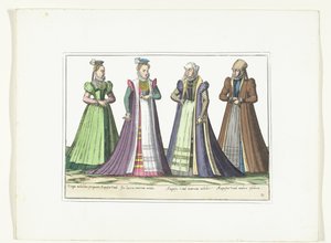 Quatro mulheres vestidas à moda alemã em Augsburg, c. 1580 Costumes Allemands (título no objeto) de Anonymous