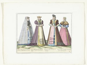 Quatro mulheres vestidas de acordo com a moda alemã em Frankfurt, c. 1580
Fantasias Allemands (título sobre o objecto) de Anonymous