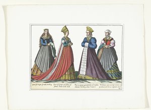 Quatro mulheres vestidas de acordo com a moda alemã em Nuremberga, c. 1580
Fantasias Allemands (título sobre o objecto) de Anonymous