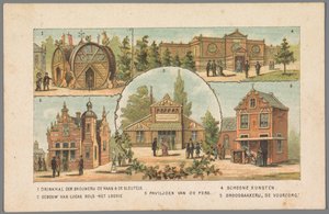 Cinco pavilhões na Feira Mundial em Amesterdão, 1883
1 Sala de bebidas da cervejaria De Haan & De Keys. 2 Edifício de Lucas Bols - Het Loosie. 3 Pavilhão da Imprensa. 4 Belas Artes. 5 Padaria De Voorzorg. (título sobre o objecto)
Memória aa de Anonymous
