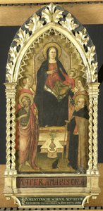 Virgem e Menino Entronizado com Quatro Santos, Santos João Batista, Antony Abbot, Elizabeth da Hungria, uma santa feminina de Anonymous