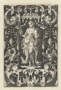 Decoração plana com o rosto
Personificações dos cinco sentidos, rodeadas de grotescos com animais e frutos (título da série) de Anonymous