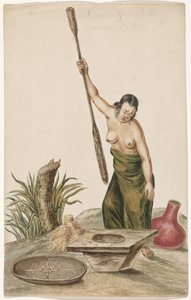 Mulher com espremedor de arroz, bloco de arroz, peneira e jarro de Anonymous
