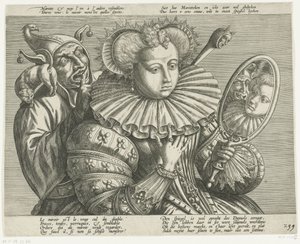 Mulher com espelho e bobo: escárnio do precioso colarinho pregueado, c. 1600 de Anonymous