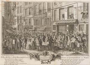 Comércio de vento na Rue Quinquempoix, 1720 De Regte Imagem da Negociação do Vento Realizada no Estreito de Quinquempoix para Parys (título no objeto) A Grande Cena da Loucura (título da série) de Anonymous