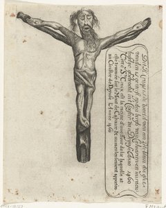 Crucifixo milagroso no mosteiro de Deinze, 1460 Este H. Cruys é a raiz de um Leli-blom que foi encontrado em den Bergh van Calvarien e Miraculeuselyc ghebrocht em Clooster van Deynse Anno 1460 (título no objeto) de Anonymous