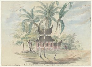 Casa de Radja Batipo, demolida e queimada para sua punição e castigo como chefe e líder da revolta no Padangsche Bovenlanden no ano de 1841 (título no objeto) de Anonymous