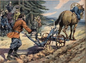 Um camponês russo lavrando o campo com a ajuda de um arado sobre o qual é colocada uma vela. Conte de Easter Engraving do jornal "Le Petro Parisien", em 19/04/1908. Colecção privada. de Anonymous Anonymous