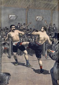 Um ataque de boxe: vitória do campeão francês Joseph Charlemont (1839-1918) contra Jerry Discroll com a técnica de "savate" no Le PetitJournal 1899