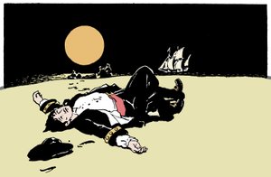 Um capitão morto por piratas é abandonado numa ilha, o navio pirata afasta-se no horizonte Ilustração de "The Boys Books of Pirates" 1913 de Anonymous Anonymous