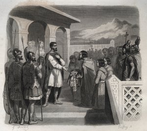 Uma delegação da cidade de Clermont oferece o episcopado a São Sidoino Apolinário (Caius Sollius Apollinaris Sidonius) político, eveque e escritor galo-romano (430-486). Gravura de 1846 em "Vidas dos Santos". Coleção privada. de Anonymous Anonymous