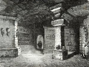 Uma galeria de catacumbas em Paris no século XIX, Gravura, Colecção privada de Anonymous Anonymous