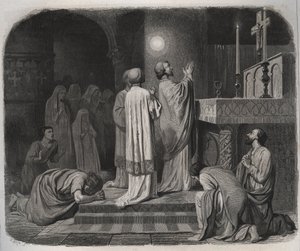 Um globo de fogo aparece acima de SAINT MARTIN eveque de Tours (316-397) enquanto ele trabalha. Gravura de 1846 em "Vidas dos Santos". Coleção privada. de Anonymous Anonymous