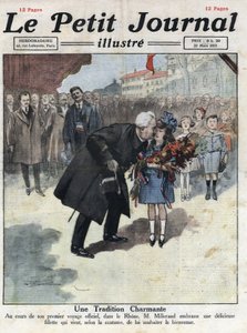 Uma menina oferece um bouquet de cores tricolores ao Presidente da República Alexandre Millerand durante uma das suas deslocações no Ródano. Ilustração retirada do "Le petit journal" de 27/03/1921. Coleção Particular de Anonymous Anonymous
