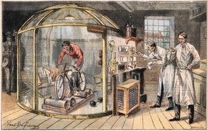 Um homem em sino: experiência sobre o gasto de energia humana realizada por cientistas ingleses. Gravura do jornal "Le Peute Parisien", em 24/05/1908. Colecção privada. de Anonymous Anonymous
