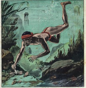 Um pesquisador de pérolas arriscando sua vida nos mares tropicais do Ceilão e Polinésia para fornecer elegância com colares e jóias. Ilustração retirada do "Le Petite Journal" 11/03/1923 Coleção particular. de Anonymous Anonymous