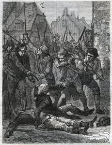 Uma cena durante o período da revolução francesa: Theobald de Dillon (1745-1792) e um oficial genial chamado Berthois, foram massacrados pelos soldados e pelo povo de Lille, que os acusaram de traição. Gravura de 1866 em "Histoire de la Revolution fr de Anonymous Anonymous