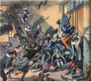 Uma escola incendiada em Cleveland (Estados Unidos). Gravura do jornal "Le Petite Parisien", 22/03/1908. Coleção privada. de Anonymous Anonymous