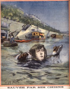 Uma mulher que cai no Sena é salva pelos seus cães em Paris. Gravura em "Le petit parisien" em 14/08/1910. Colecção privada. de Anonymous Anonymous