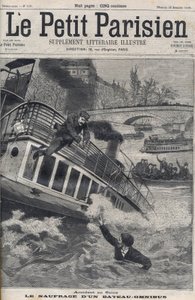 Acidente no Sena em Paris - O afundamento de um barco Omnibus: a tripulação do barco salta para o Sena para escapar. Le Petit Parisien, em 18/12/1898. de Anonymous Anonymous