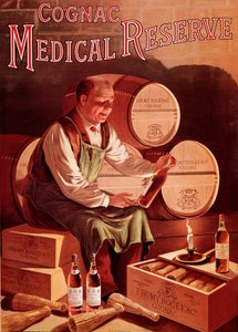 Cartaz publicitário para o conhaque Fromy, Rogee e Cie: reserva médica. Um homem na sua adega olha com prazer para uma garrafa de conhaque. Ilustração anónima. Estreia na Colecção Privada do século XX. de Anonymous Anonymous