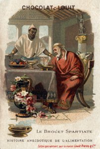 História anedótica da comida: o carrinho de mão espartano. Nega o Ancião (431-367 AC), tirano de Siracusa detestava o carrinho de mão quando ele o provava. O cozinheiro respondeu que ele não deve ter fome o suficiente para apreciá-la. Cromolitografia de Ch de Anonymous Anonymous