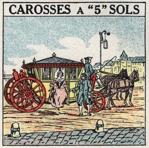 Tração animal: uma carruagem com 5 andares, um modo de transporte reservado aos burgueses sob Louis XIV na França. Ilustração anónima a partir de 1925. Colecção privada. de Anonymous Anonymous