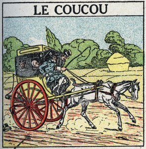 Tração animal: cuco, transporte público utilizado na França de meados do século XVIII a meados do século XIX, também chamado de "vaso de câmara". Ilustração anónima a partir de 1925. Colecção privada. de Anonymous Anonymous