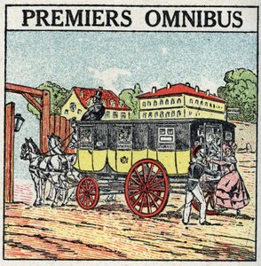 Tracção animal: primeira vez que o Omnibus surgiu em França sob Charles X (1824-1830). Ilustração anónima a partir de 1925. Coleção privada. de Anonymous Anonymous
