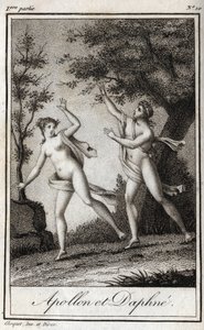 Apollo e Daphne. A ninfa Daphne transforma-se num loureiro para escapar ao Apollo. Gravura de 1819 em "Lettres a Emilie sur la mythologie" de Charles Albert Demoustier (1760-1801). Coleção privada. de Anonymous Anonymous