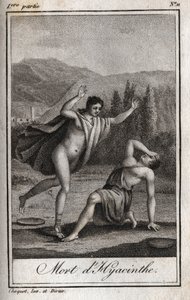 Apolo e Jacinto (Morte de Jacinto) Gravura de 1819 em "Lettres a Emilie sur la mythologie" de Charles Albert Demoustier (1760-1801). Coleção particular. de Anonymous Anonymous